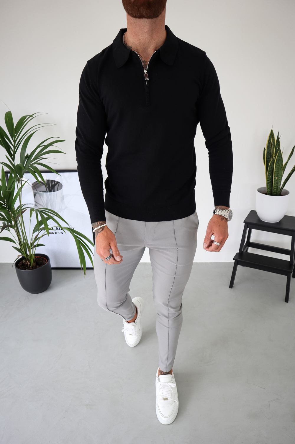 Capo Egyptian Cotton LS Zip Polo Shirt - Black