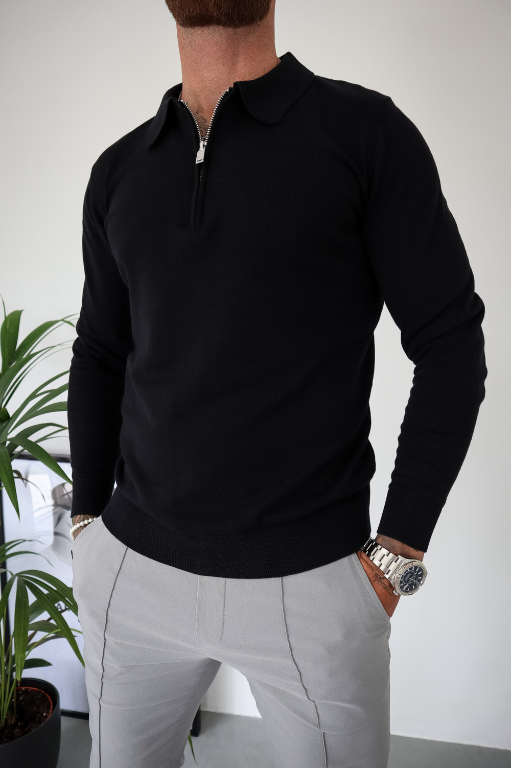 Capo Egyptian Cotton LS Zip Polo Shirt - Black