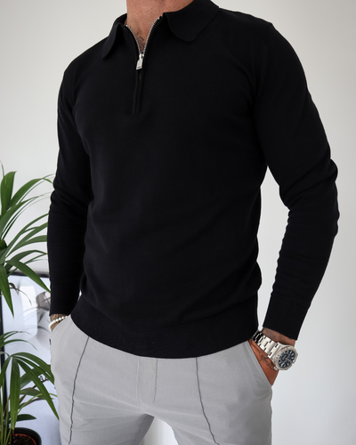 Capo Egyptian Cotton LS Zip Polo Shirt - Black