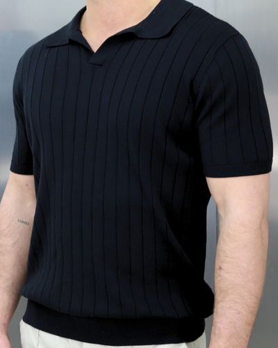 Capo Egyptian Cotton Line Cuban Collar Polo Shirt - Black