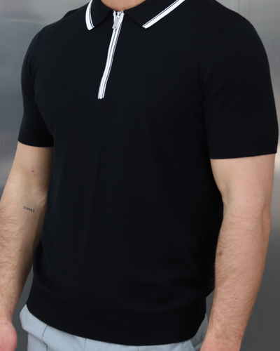 Capo Egyptian Cotton Contrast Collar SS Zip Polo Shirt - Black