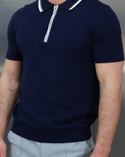 Capo Egyptian Cotton Contrast Collar SS Zip Polo Shirt - Navy