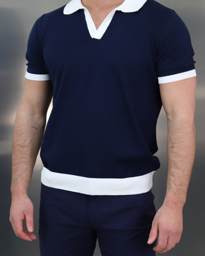Capo Egyptian Cotton Contrast Cuban Collar Polo Shirt - Navy