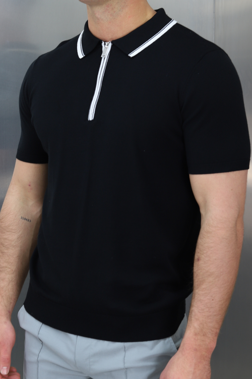 Capo Egyptian Cotton Contrast Collar SS Zip Polo Shirt - Black