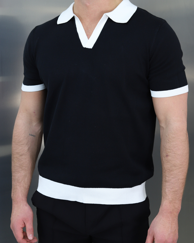 Capo Egyptian Cotton Contrast Cuban Collar Polo Shirt - Black