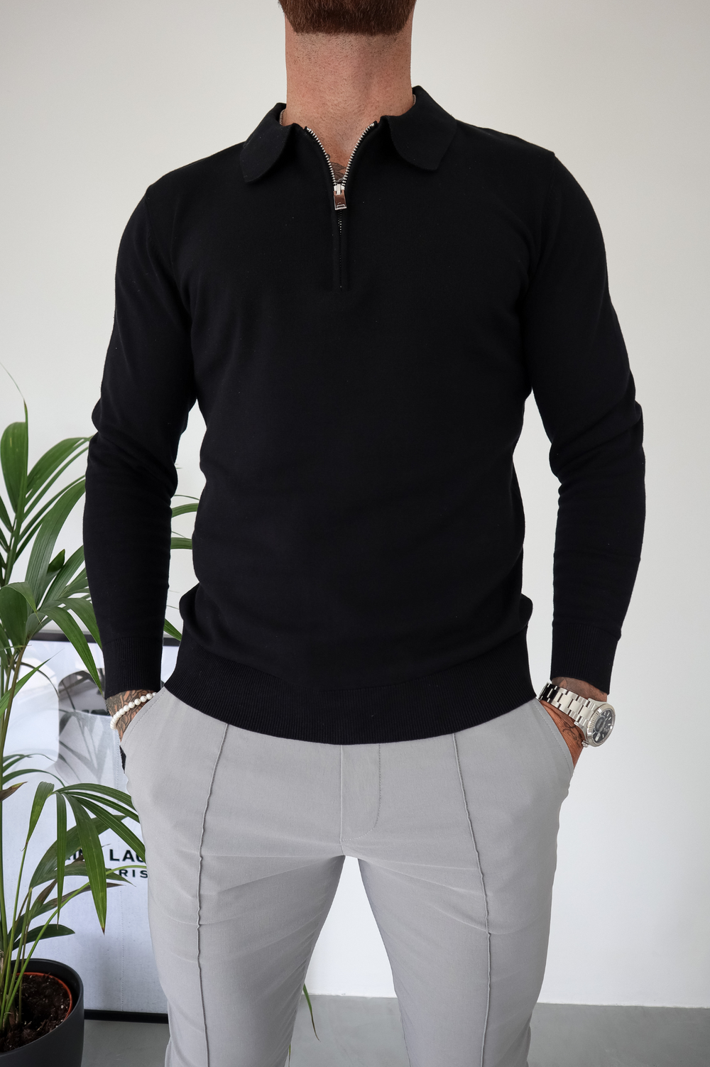 Capo Egyptian Cotton LS Zip Polo Shirt - Black