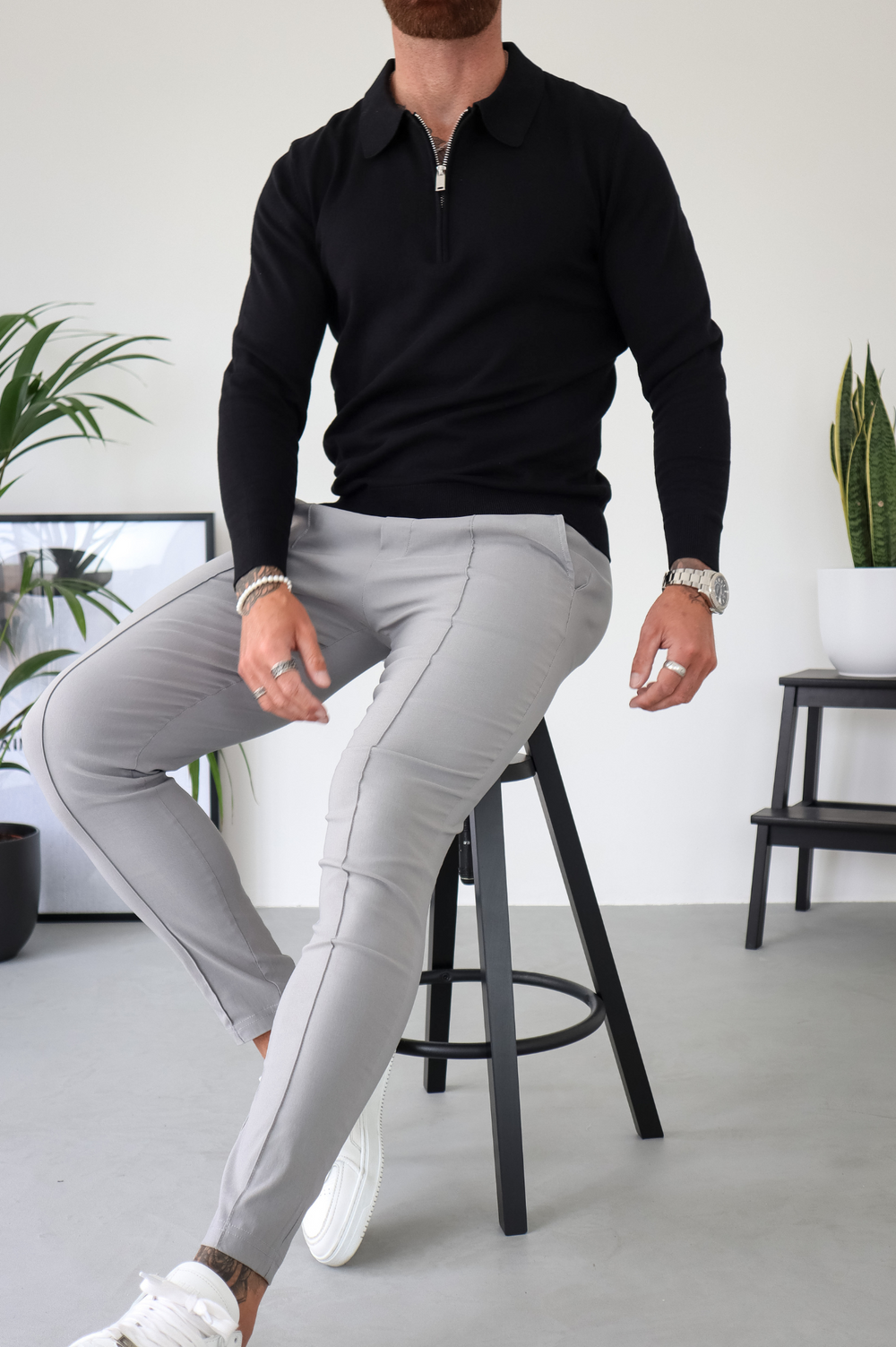 Capo Egyptian Cotton LS Zip Polo Shirt - Black