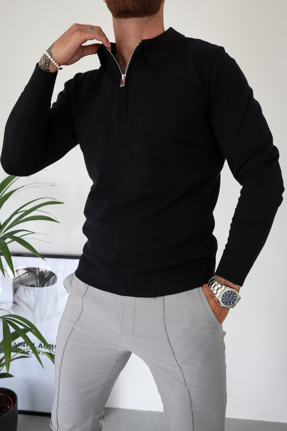 Capo Egyptian Cotton LS Zip Polo Shirt - Black