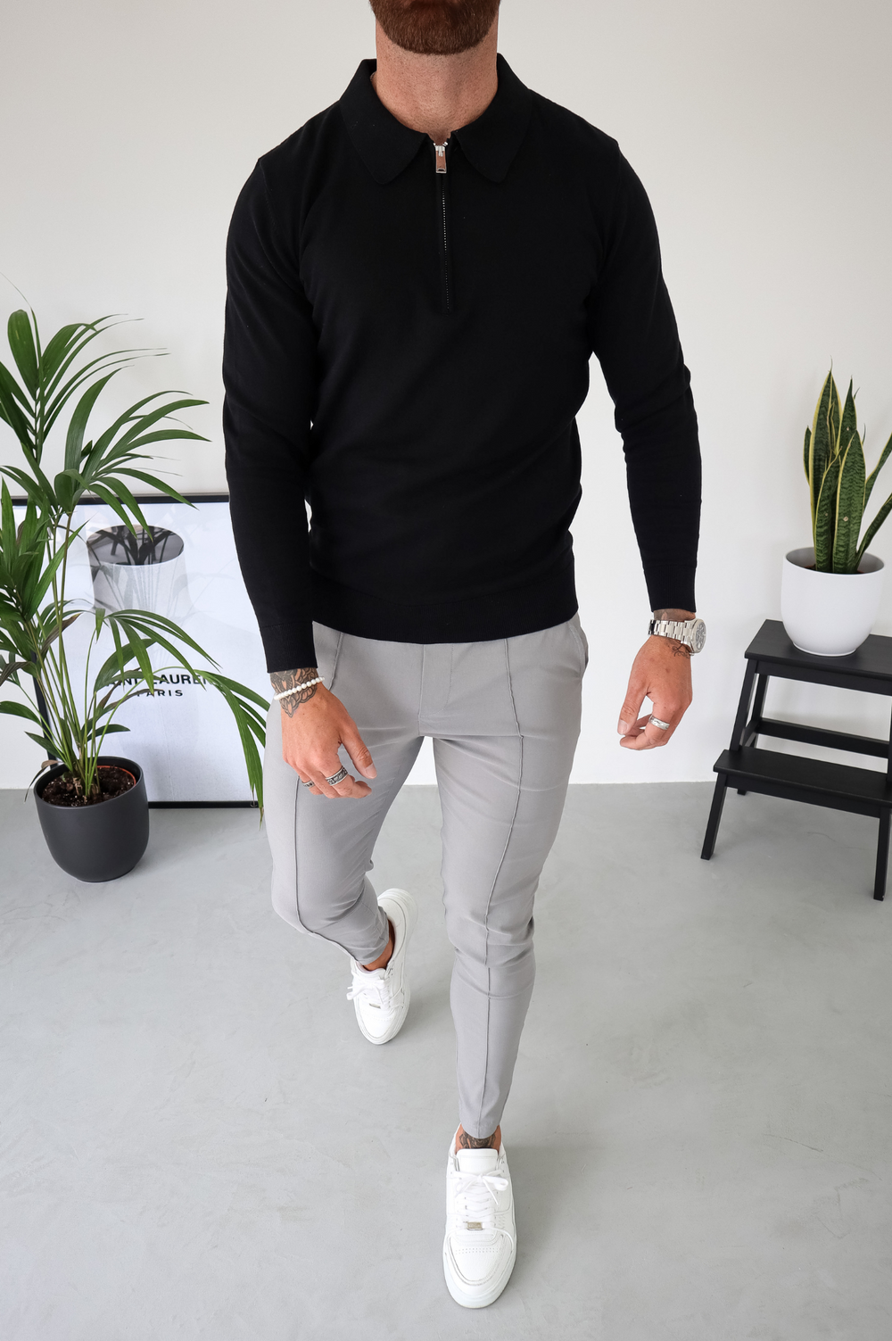 Capo Egyptian Cotton LS Zip Polo Shirt - Black