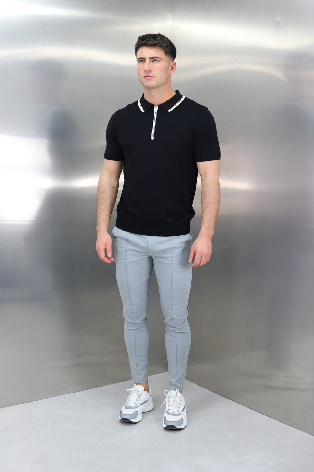 Capo Egyptian Cotton Contrast Collar SS Zip Polo Shirt - Black