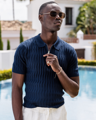 Capo Egyptian Cotton DIAMOND SS Zip Polo Shirt - Navy