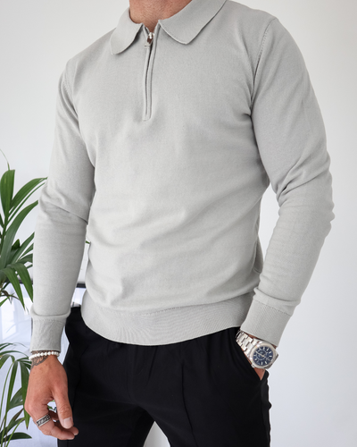 Capo Egyptian Cotton LS Zip Polo Shirt - Stone