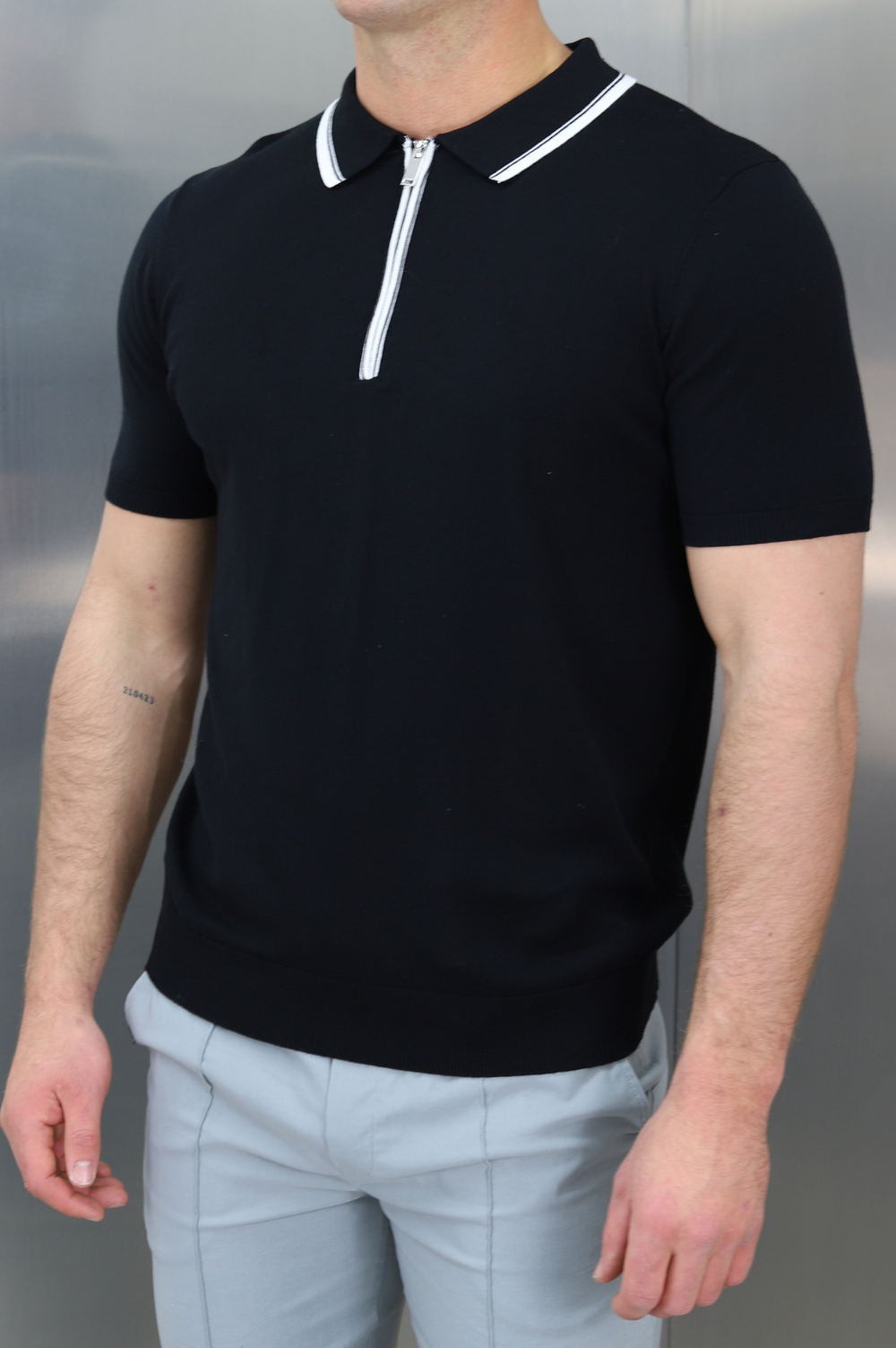 Capo Egyptian Cotton Contrast Collar SS Zip Polo Shirt - Black