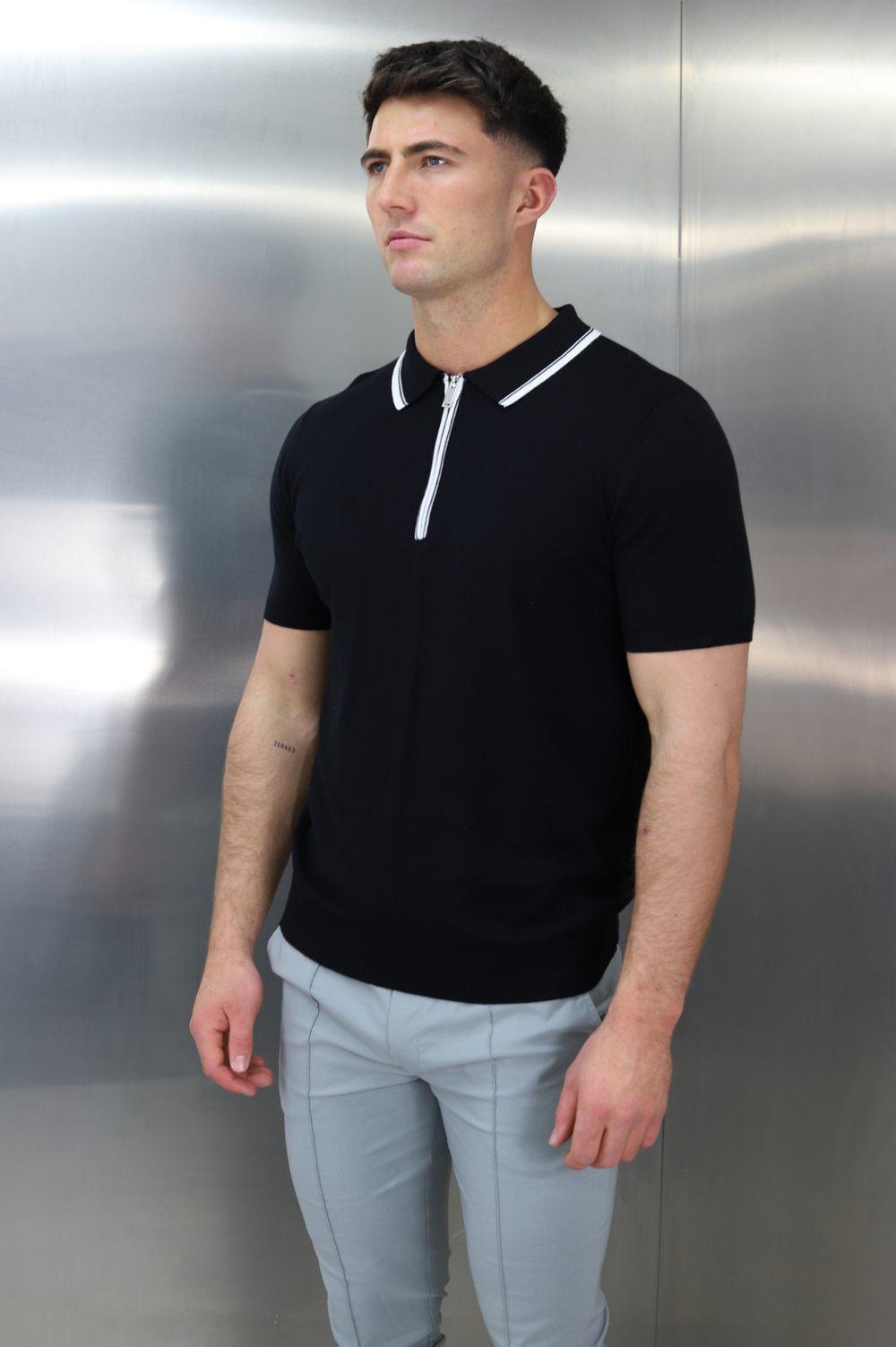 Capo Egyptian Cotton Contrast Collar SS Zip Polo Shirt - Black