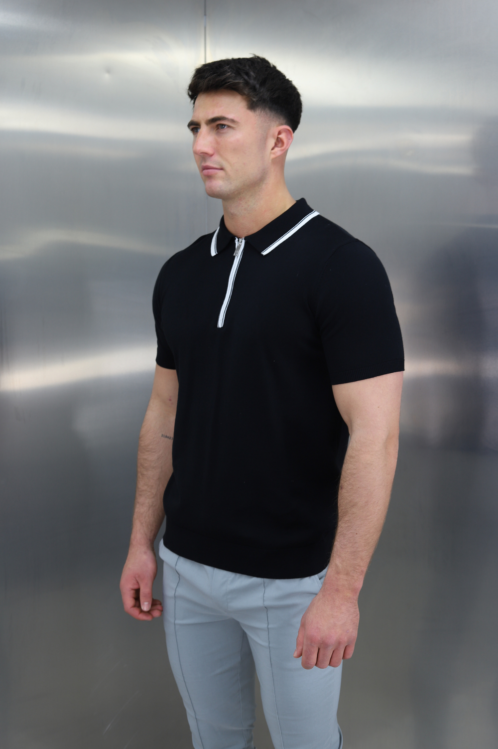 Capo Egyptian Cotton Contrast Collar SS Zip Polo Shirt - Black