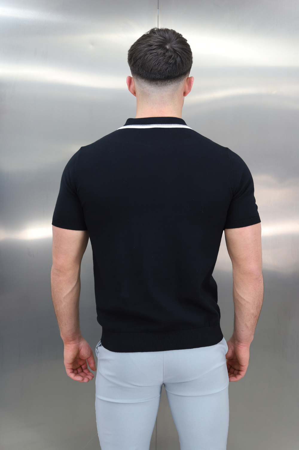 Capo Egyptian Cotton Contrast Collar SS Zip Polo Shirt - Black