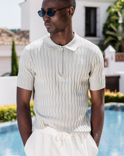 Capo Egyptian Cotton DIAMOND SS Zip Polo Shirt - Stone
