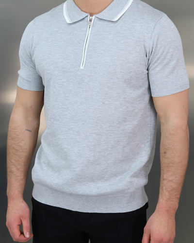Capo Egyptian Cotton Contrast Collar SS Zip Polo Shirt - Grey