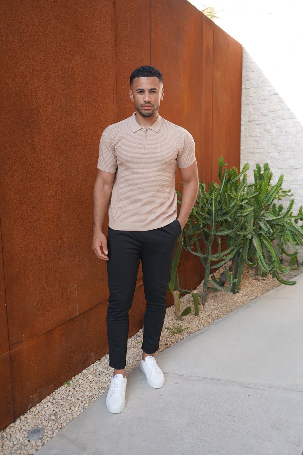 Capo Micro Square Poloshirt mit Reißverschluss - Taupe