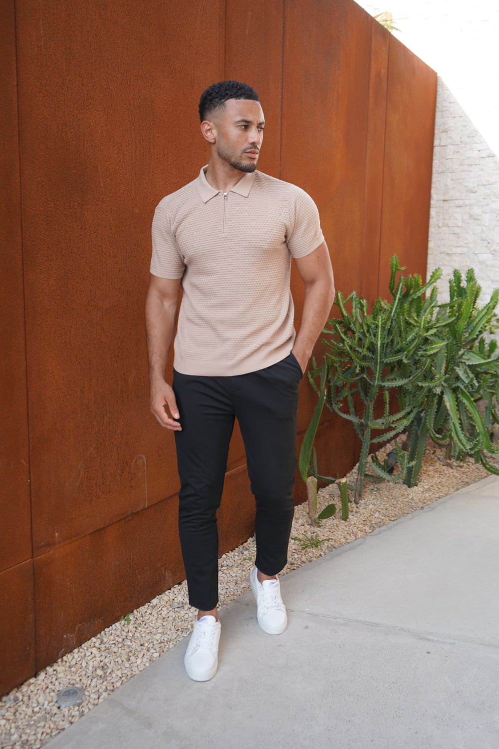 Capo Micro Square Poloshirt mit Reißverschluss - Taupe