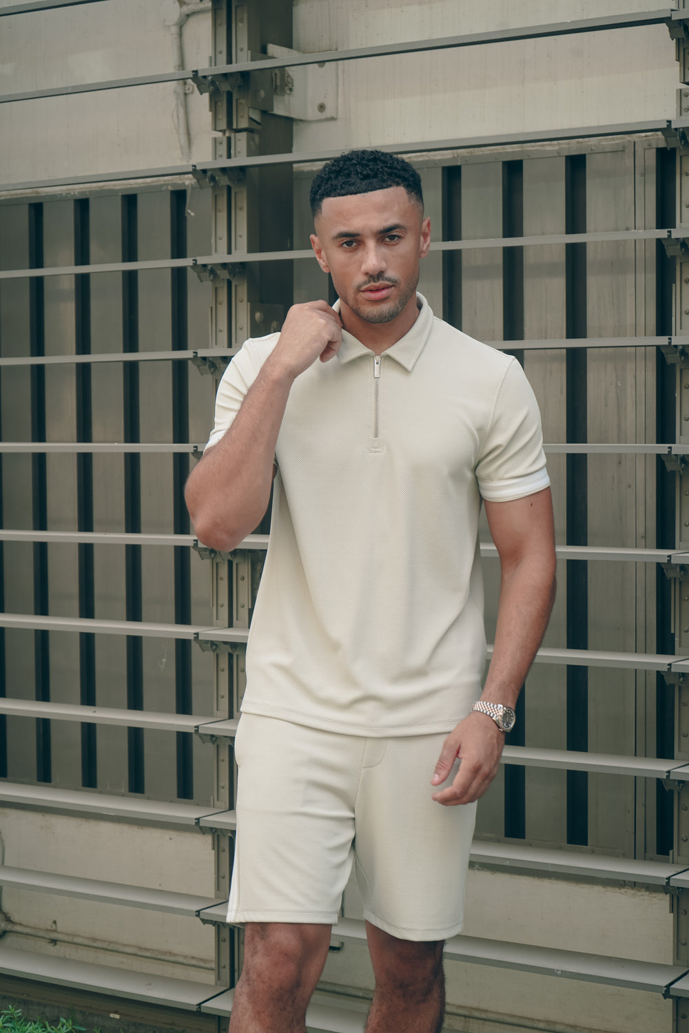 Capo Textured Tape Zip Polo Shirt - Light Beige