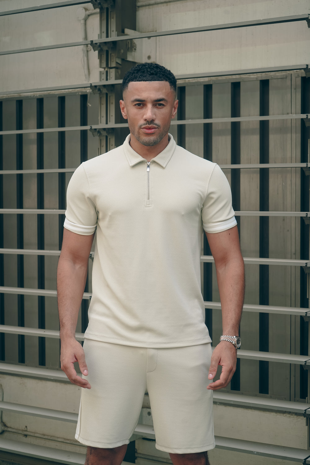 Capo Textured Tape Zip Polo Shirt - Light Beige