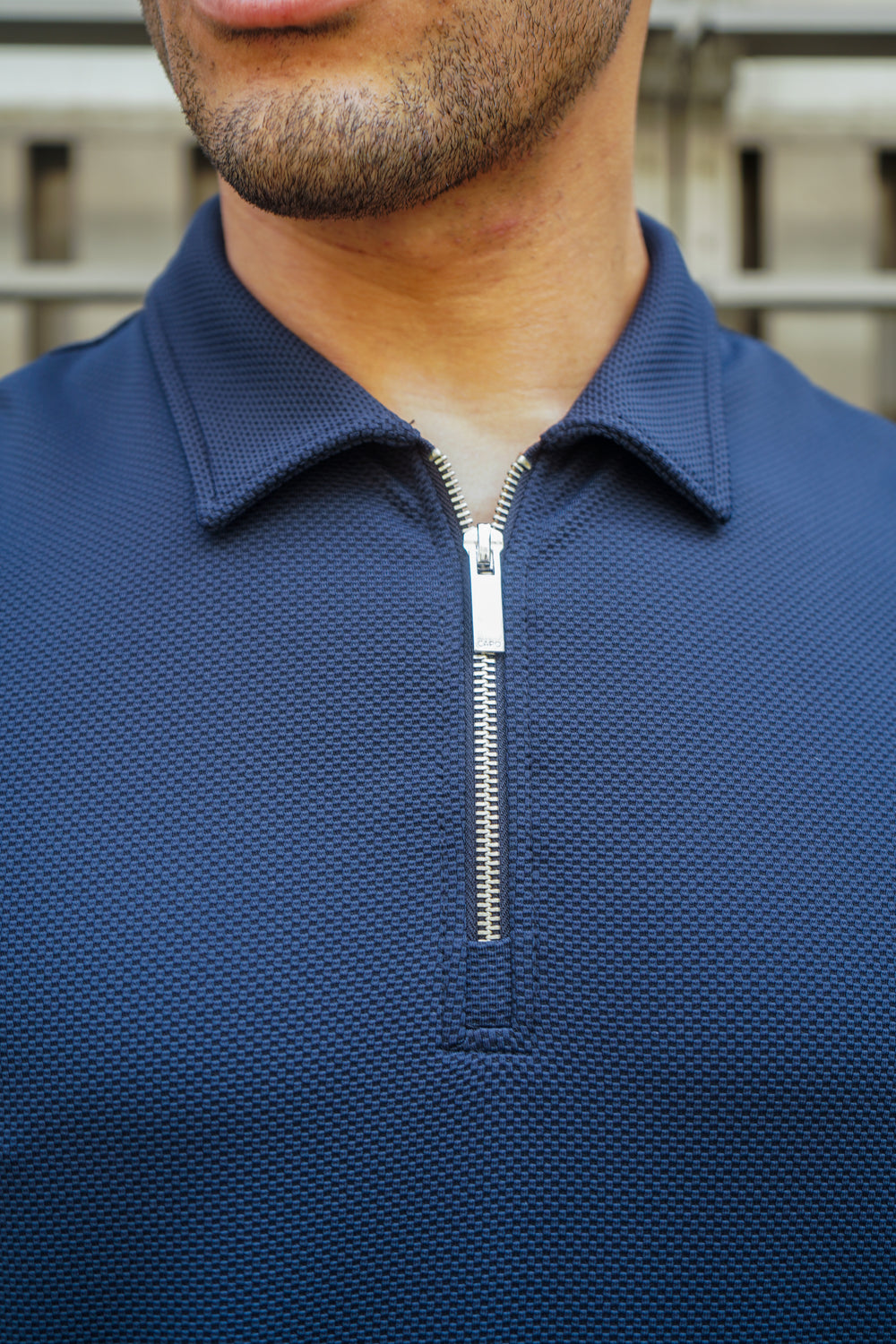 Capo Textured Tape Zip Polo Shirt - Navy