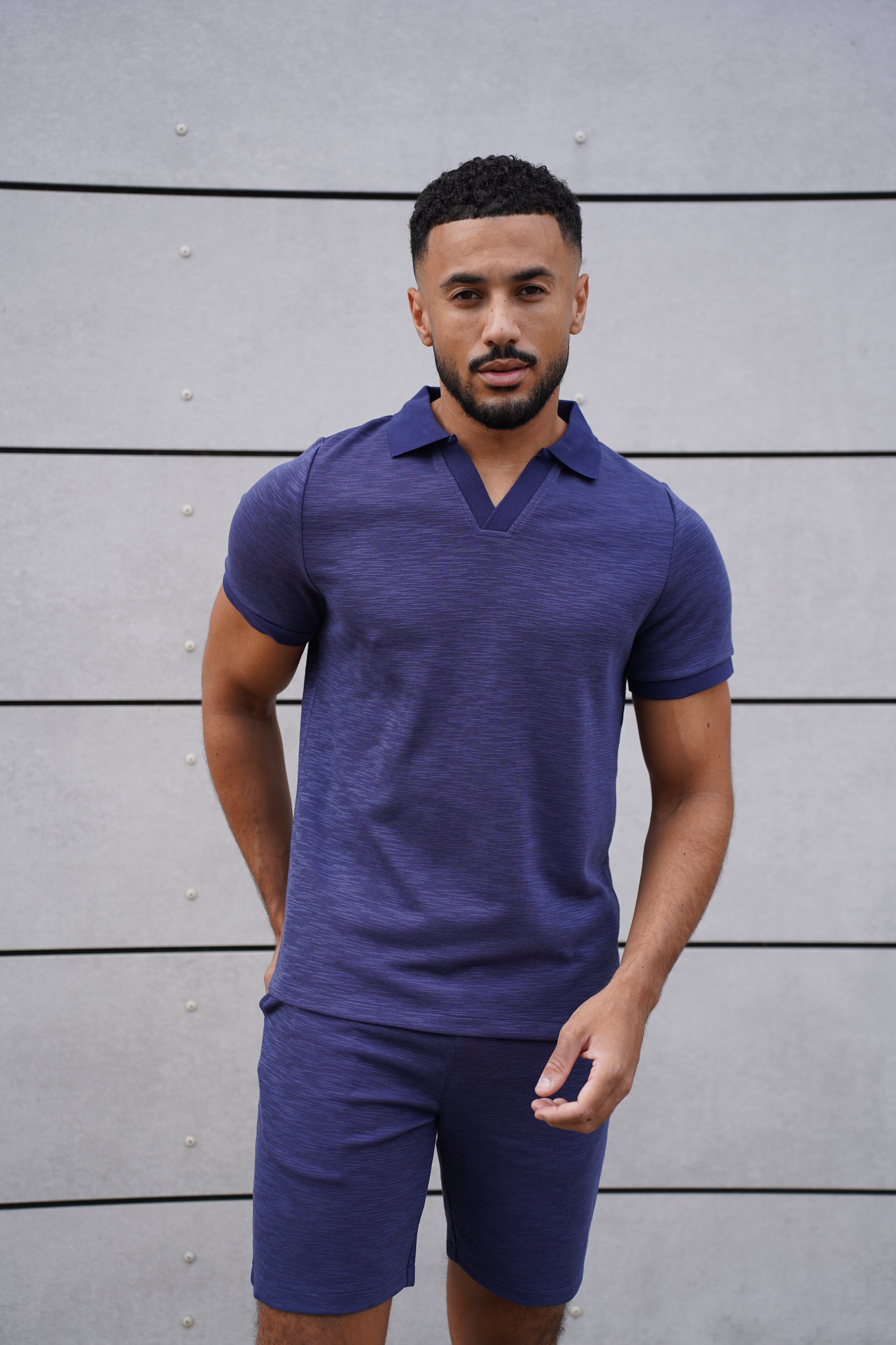 Capo Jersey Slub Cuban Polo Shirt - Navy