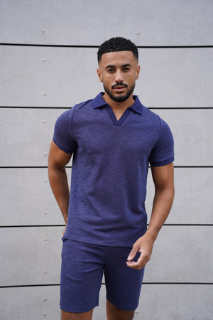 Capo Jersey Slub Cuban Polo Shirt - Navy