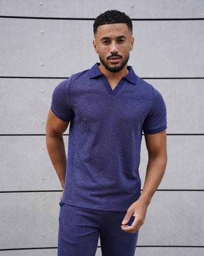 Capo Jersey Slub Cuban Polo Shirt - Navy