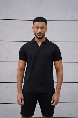 Capo Jersey Slub Cuban Polo Shirt - Black