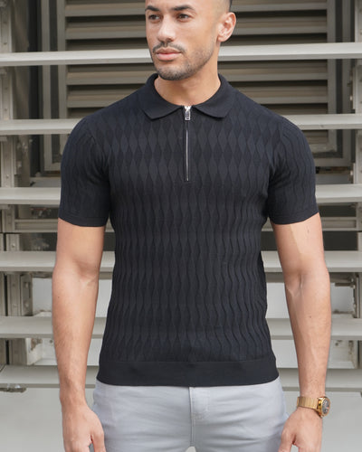 Capo Egyptian Cotton DIAMOND SS Zip Polo Shirt - Black