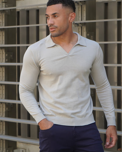 Capo Egyptian Cotton Cuban Collar LS Polo Shirt - Stone