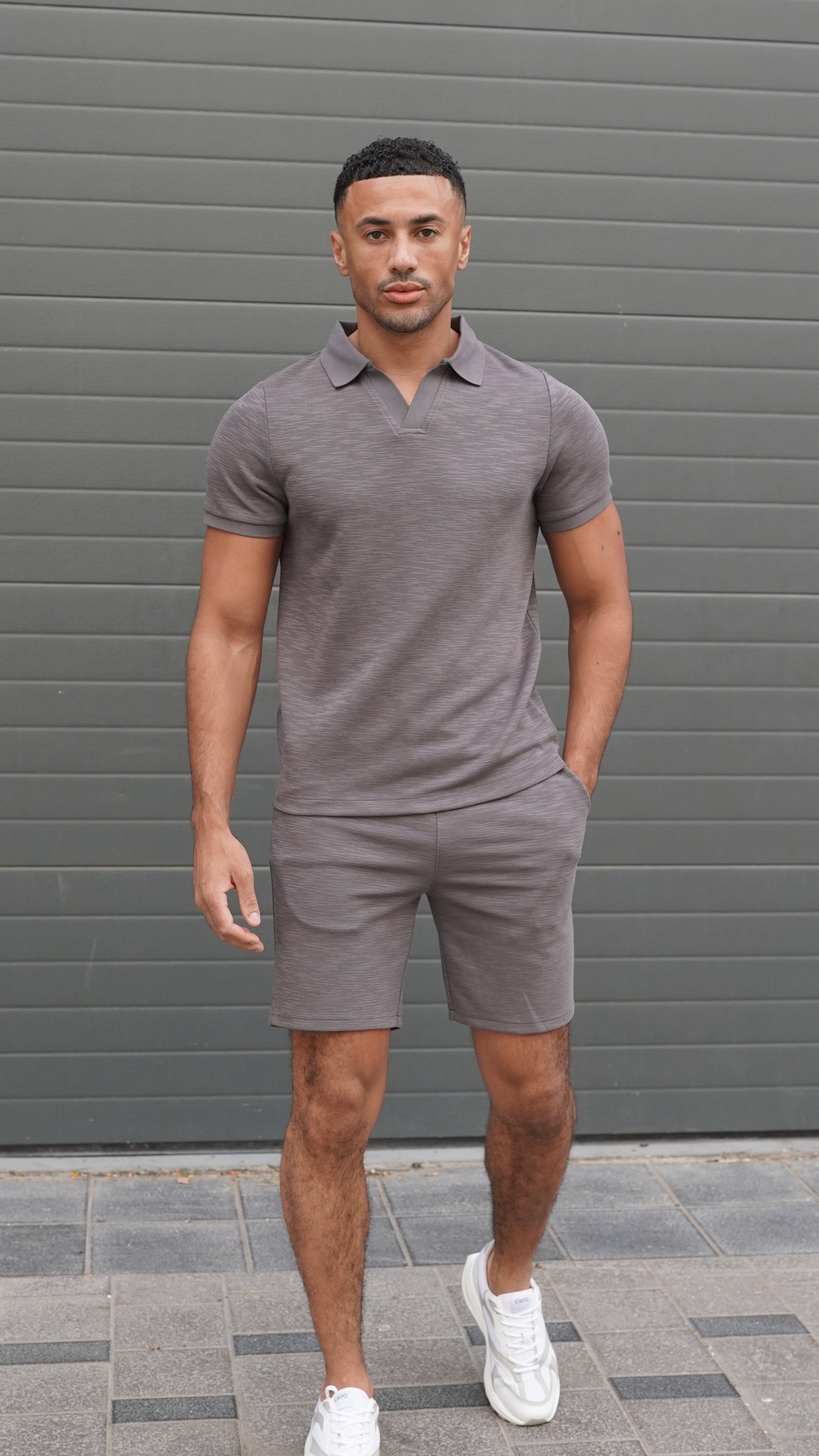 Capo Jersey Slub Cuban Polo Shirt - Charcoal