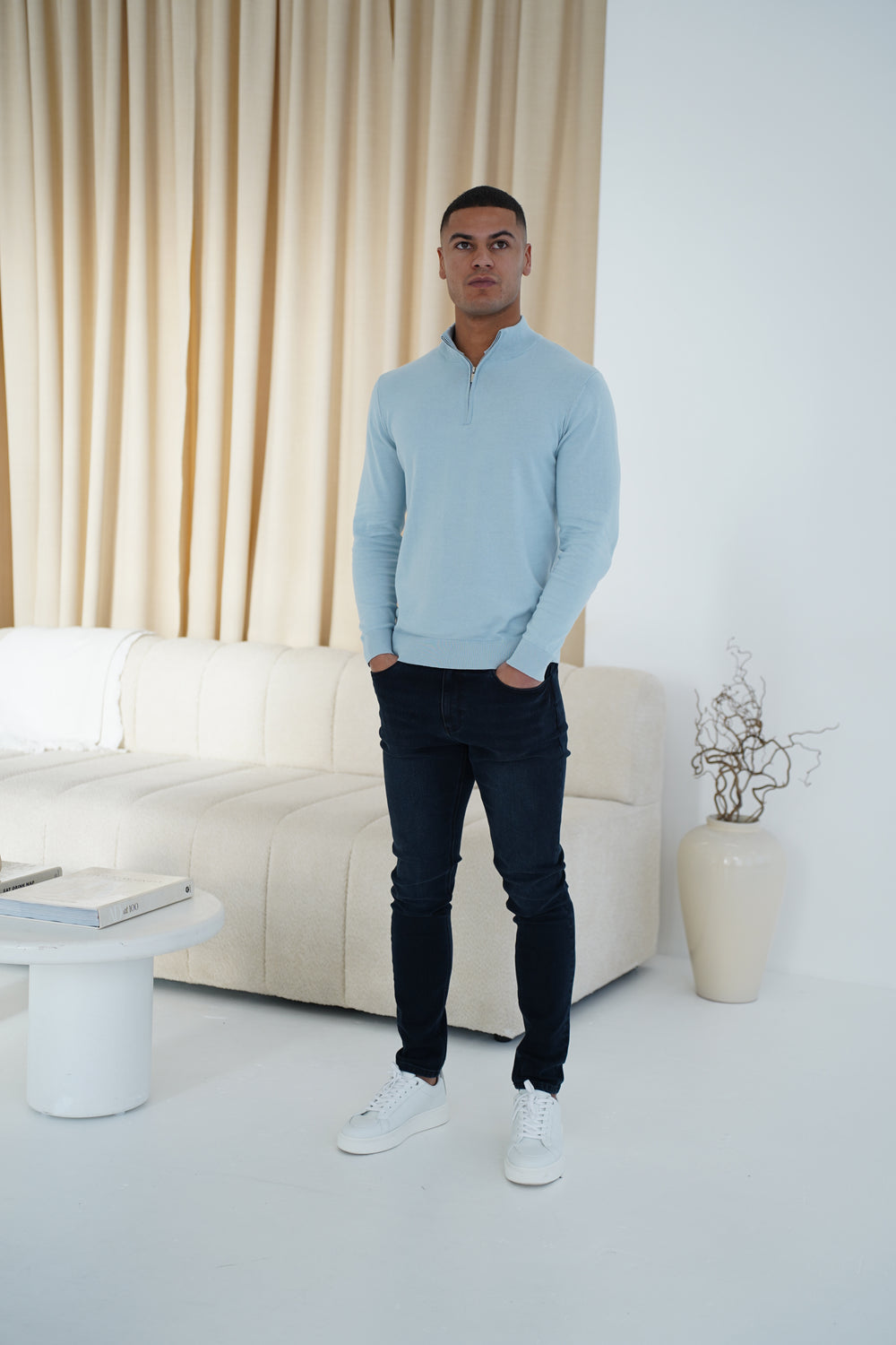 Capo Egyptian Cotton 1/4 Zip Top - Sky Blue