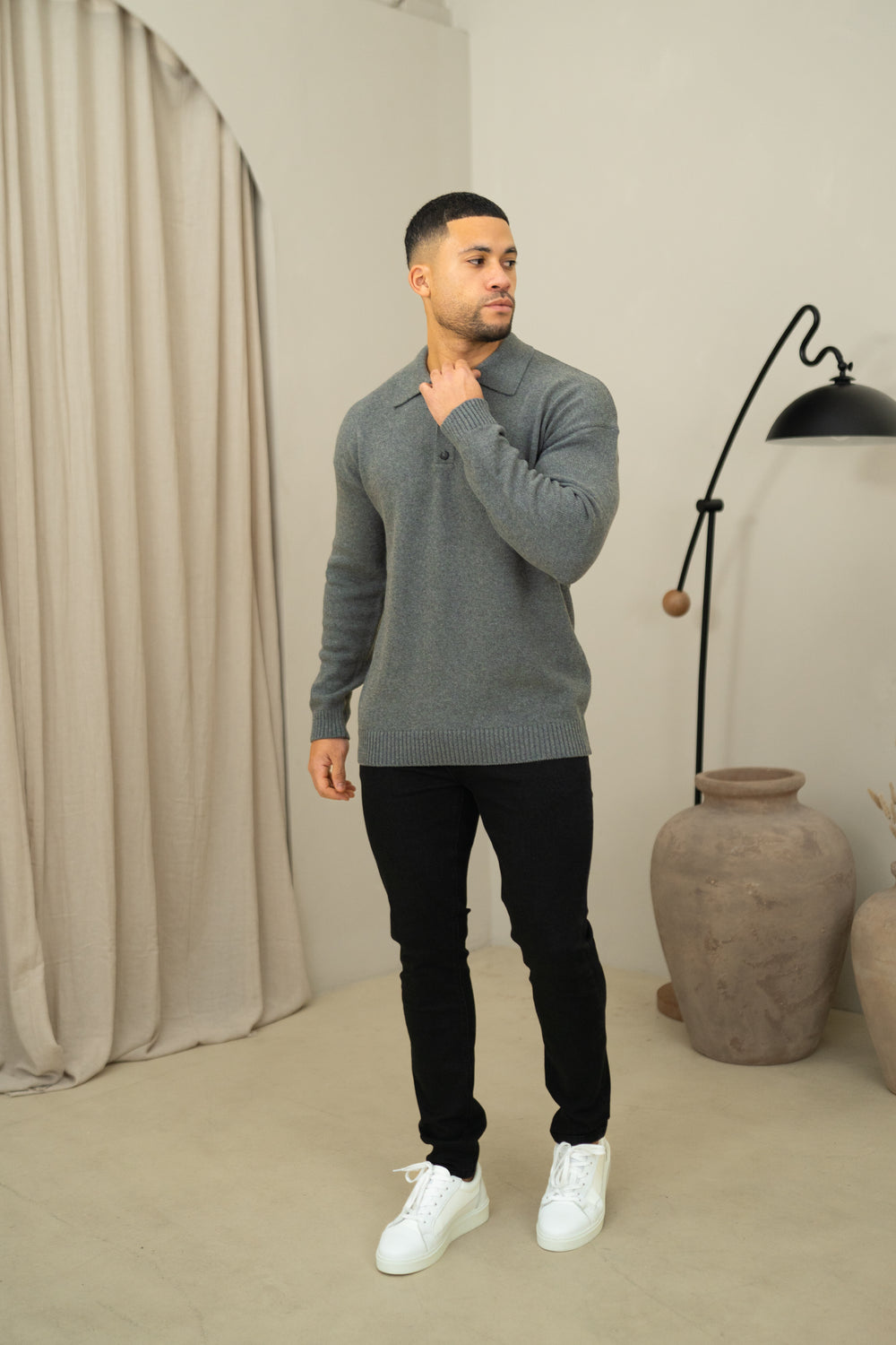 Capo Button LS Polo Shirt - Charcoal