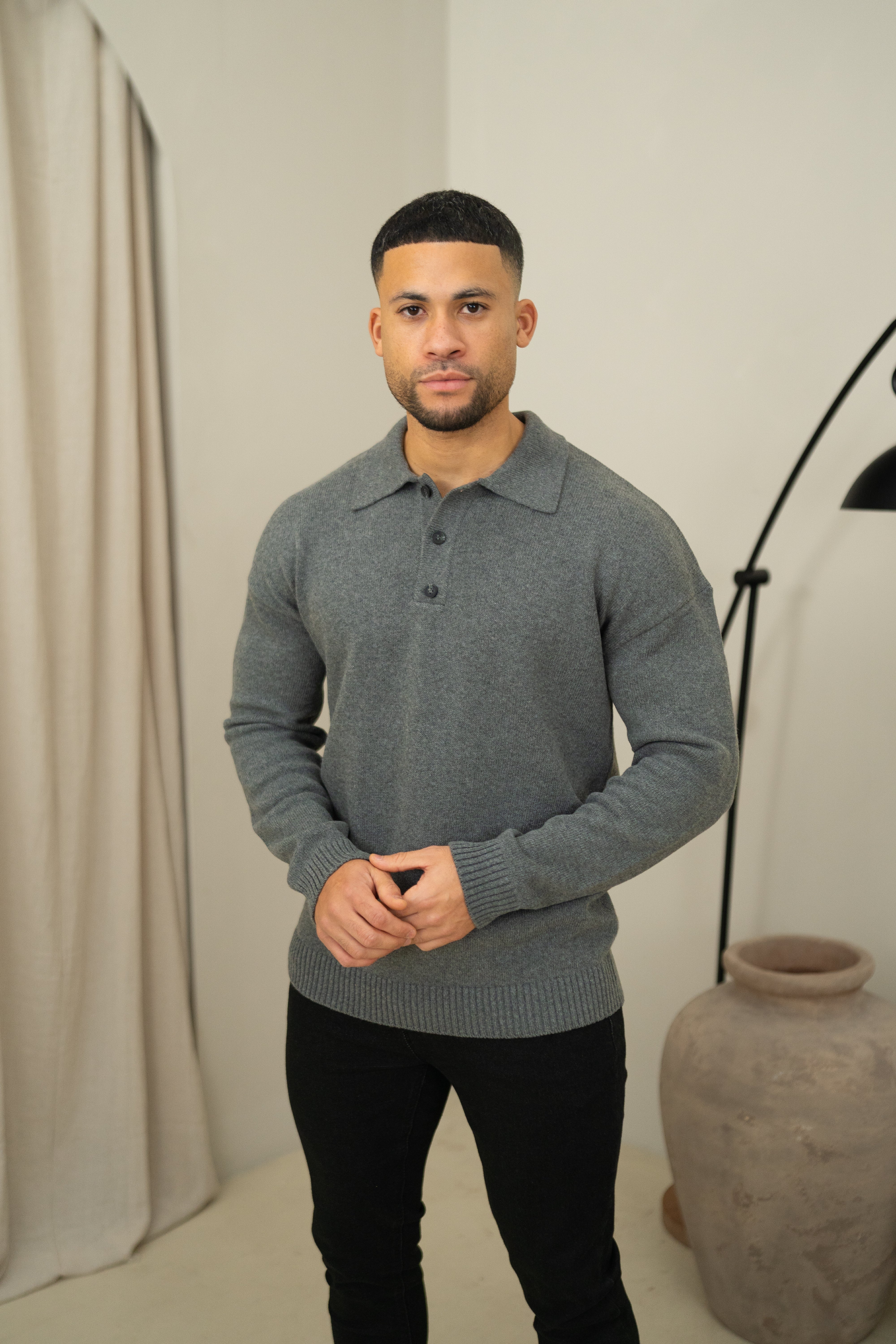 Capo Button LS Polo Shirt - Charcoal