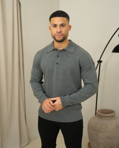 Capo Button LS Polo Shirt - Charcoal