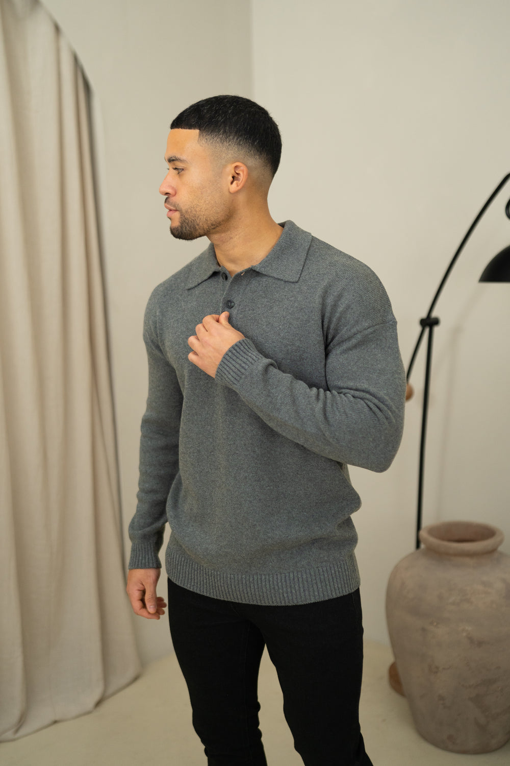 Capo Button LS Polo Shirt - Charcoal