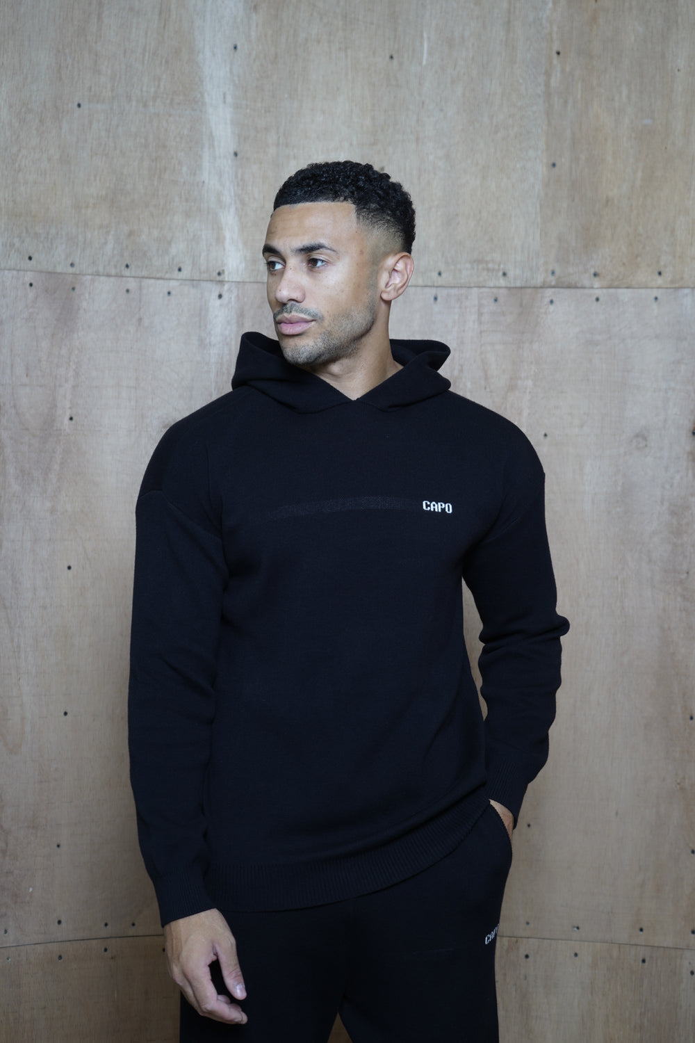 Capo Knitted Branded Hoodie - Black