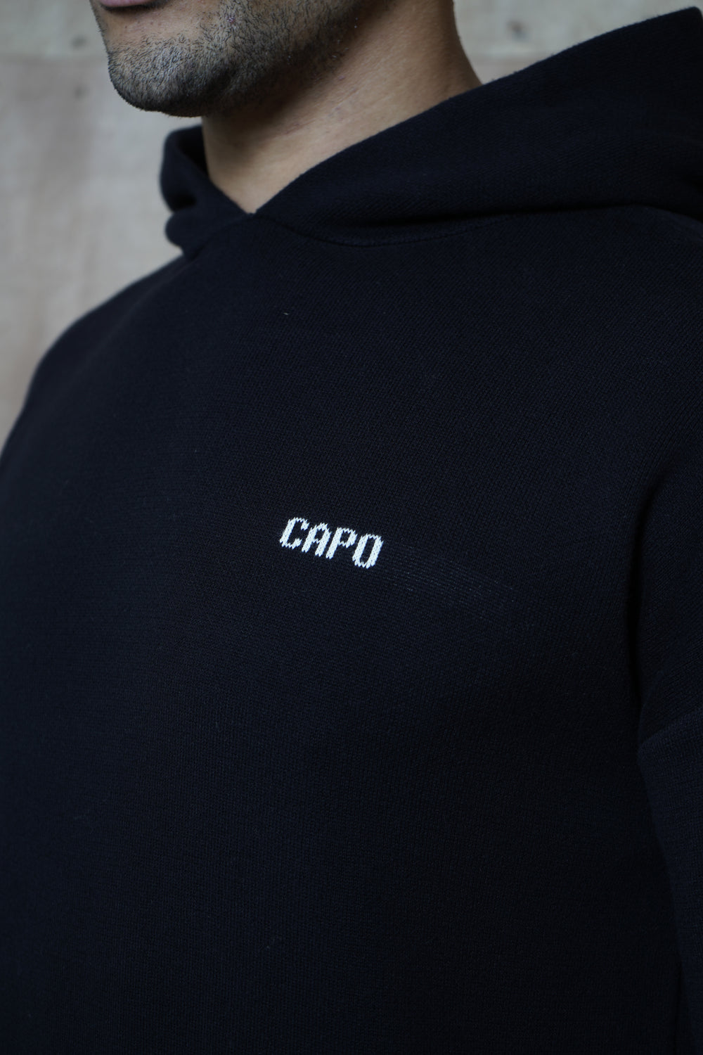 Capo Knitted Branded Hoodie - Black