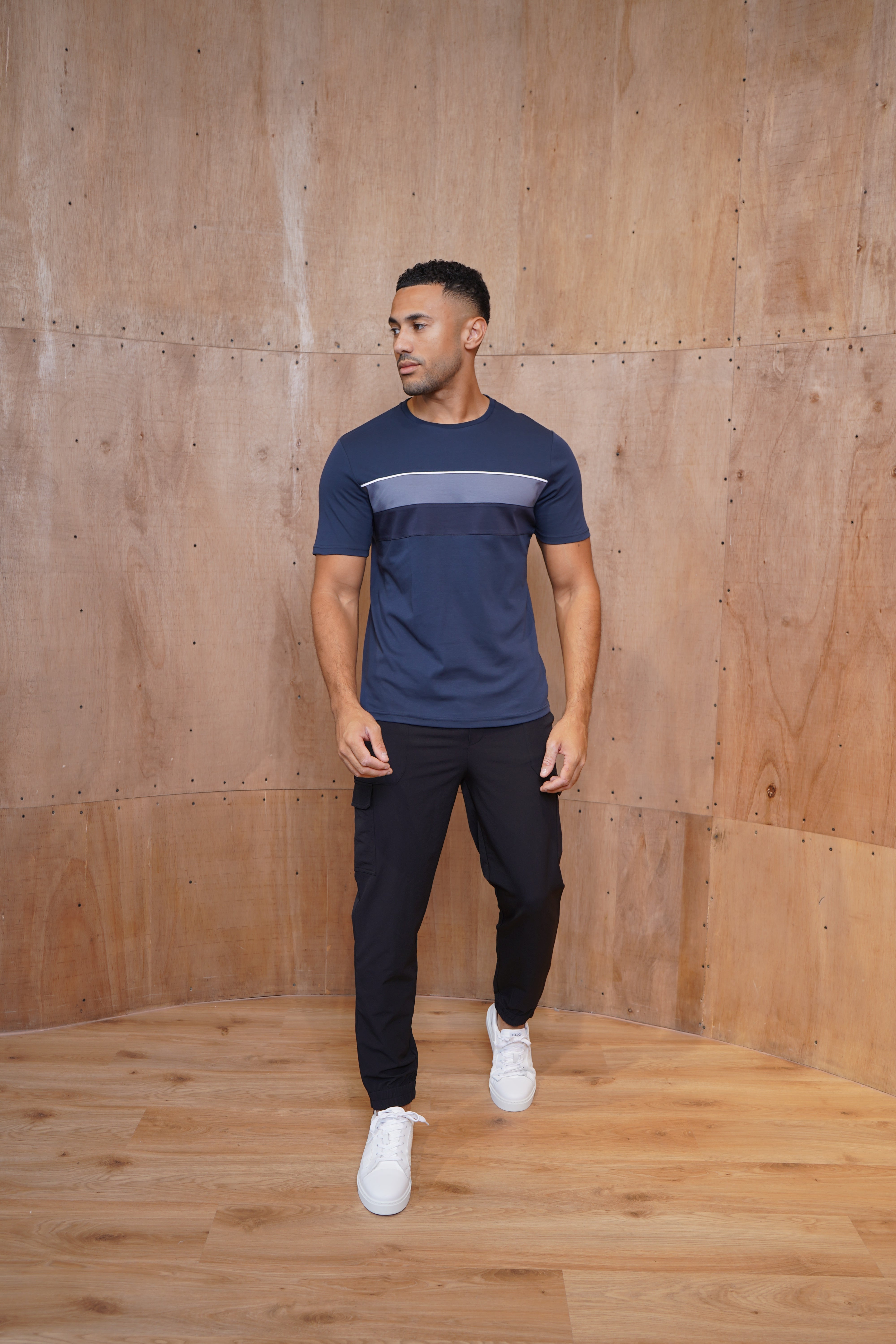 Capo Mercerised Stripe Colour Block T-Shirt - Navy