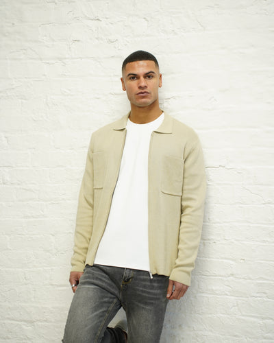 Capo Full Zip Double Pocket Cardigan - Stone