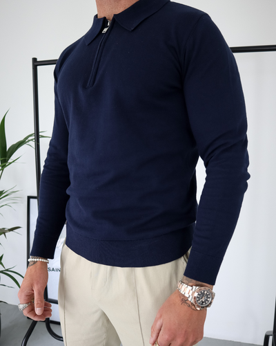 Capo Egyptian Cotton LS Zip Polo Shirt - Navy