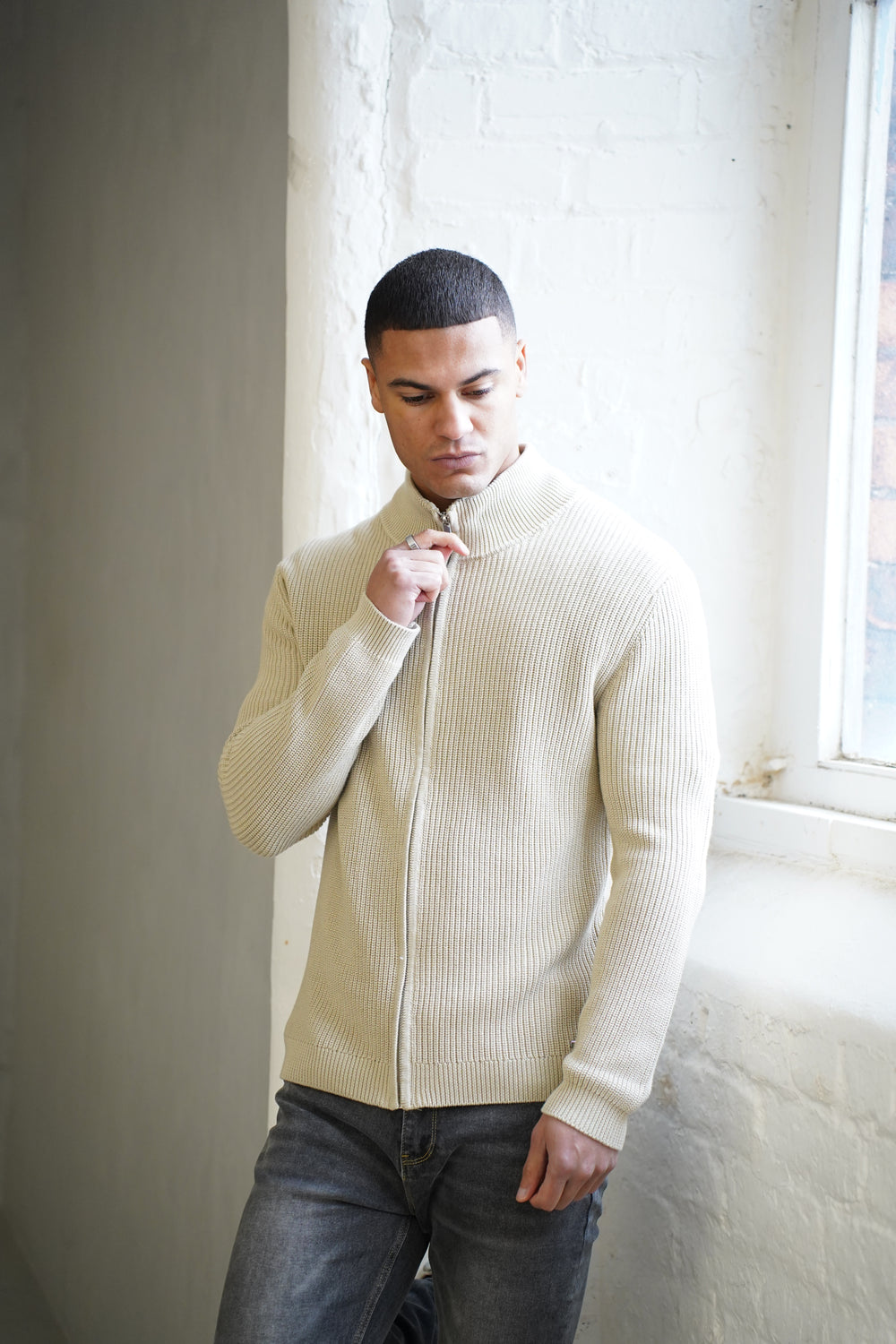 Capo Ribbed Full Zip Jumper - Stone