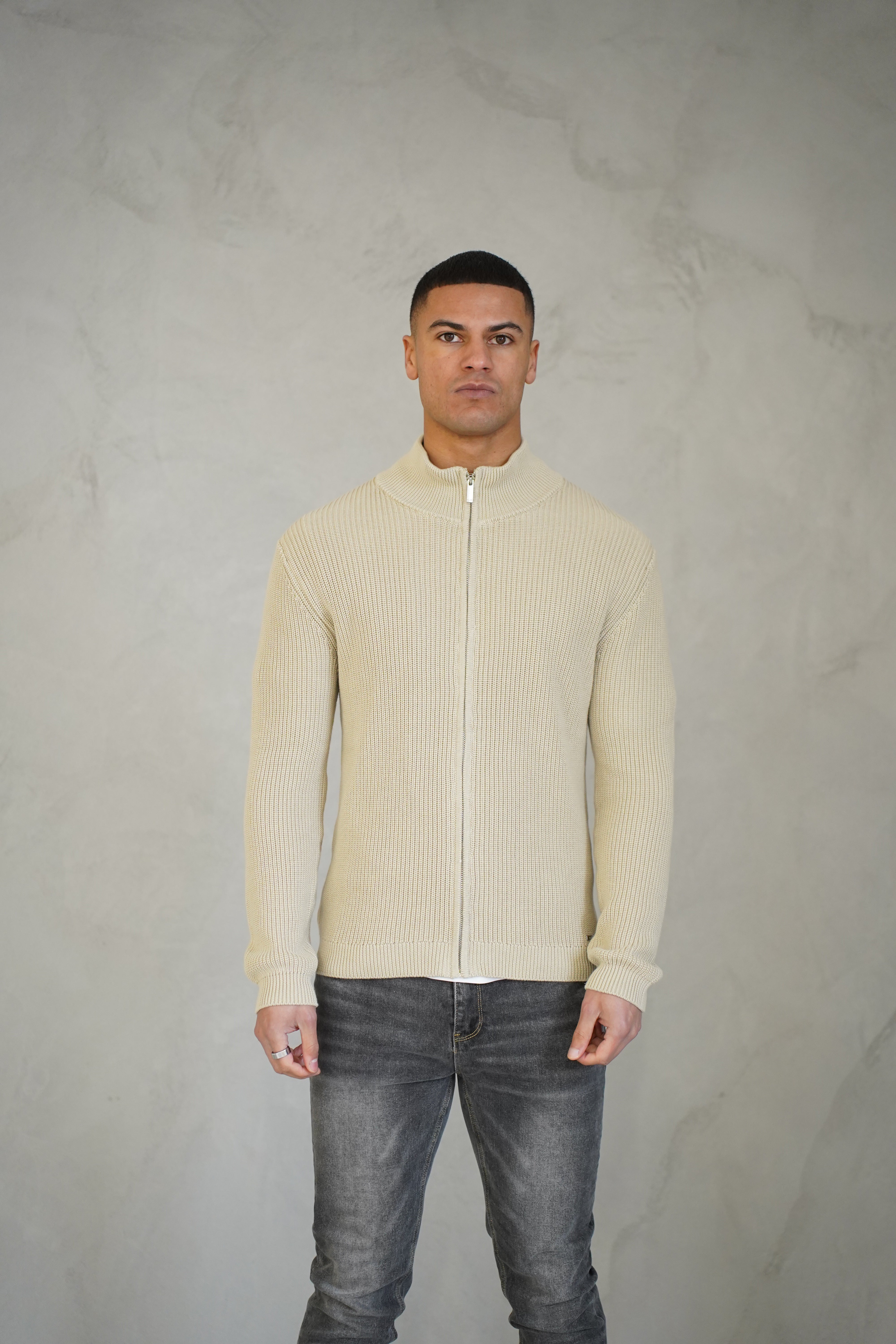 Capo Ribbed Full Zip Jumper - Stone