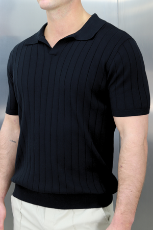 Capo Egyptian Cotton Line Cuban Collar Polo Shirt - Black