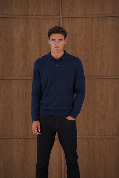 Capo James Button Up LS Polo Shirt - Navy