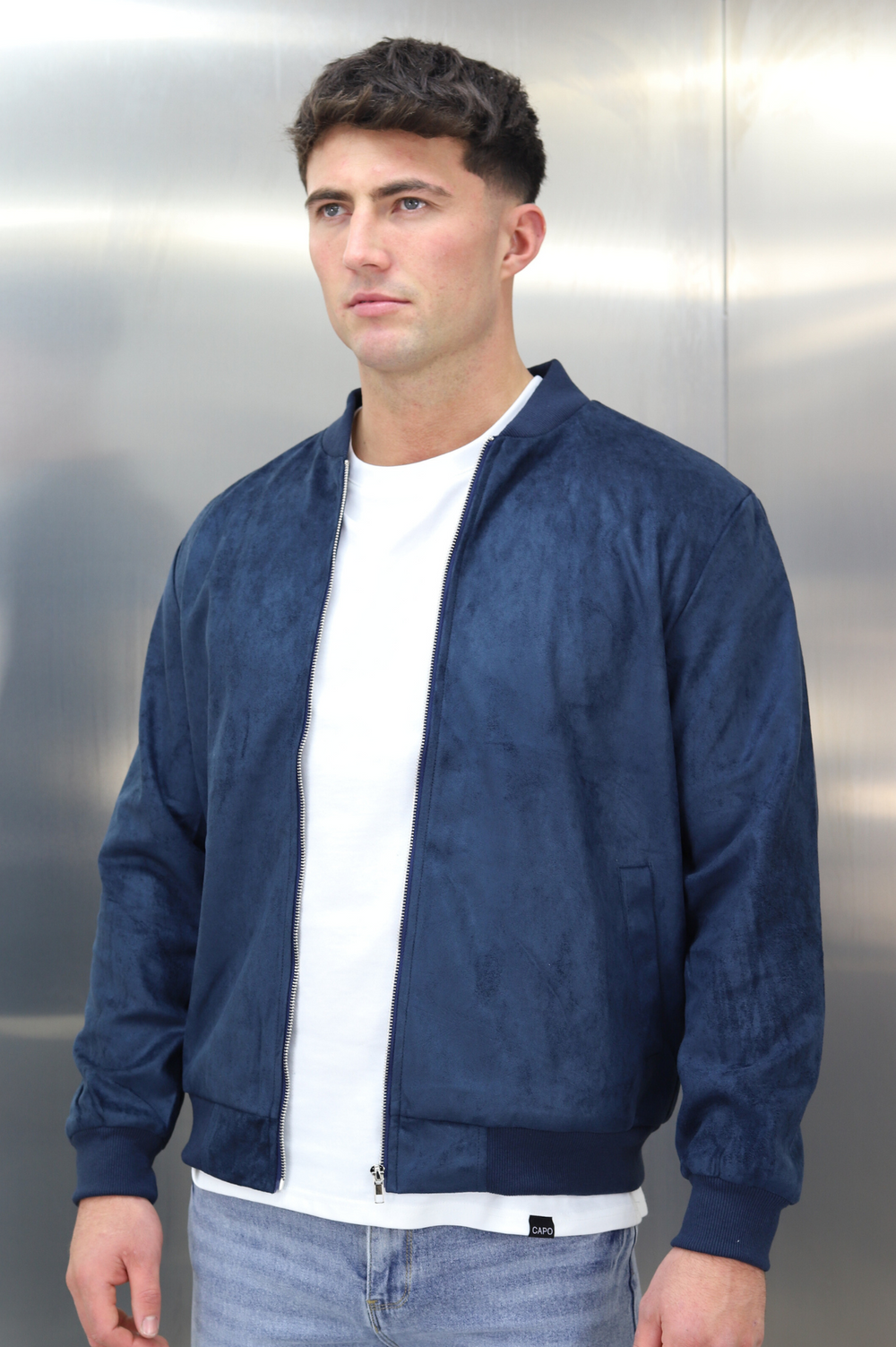 Navy suede sales bomber jacket mens