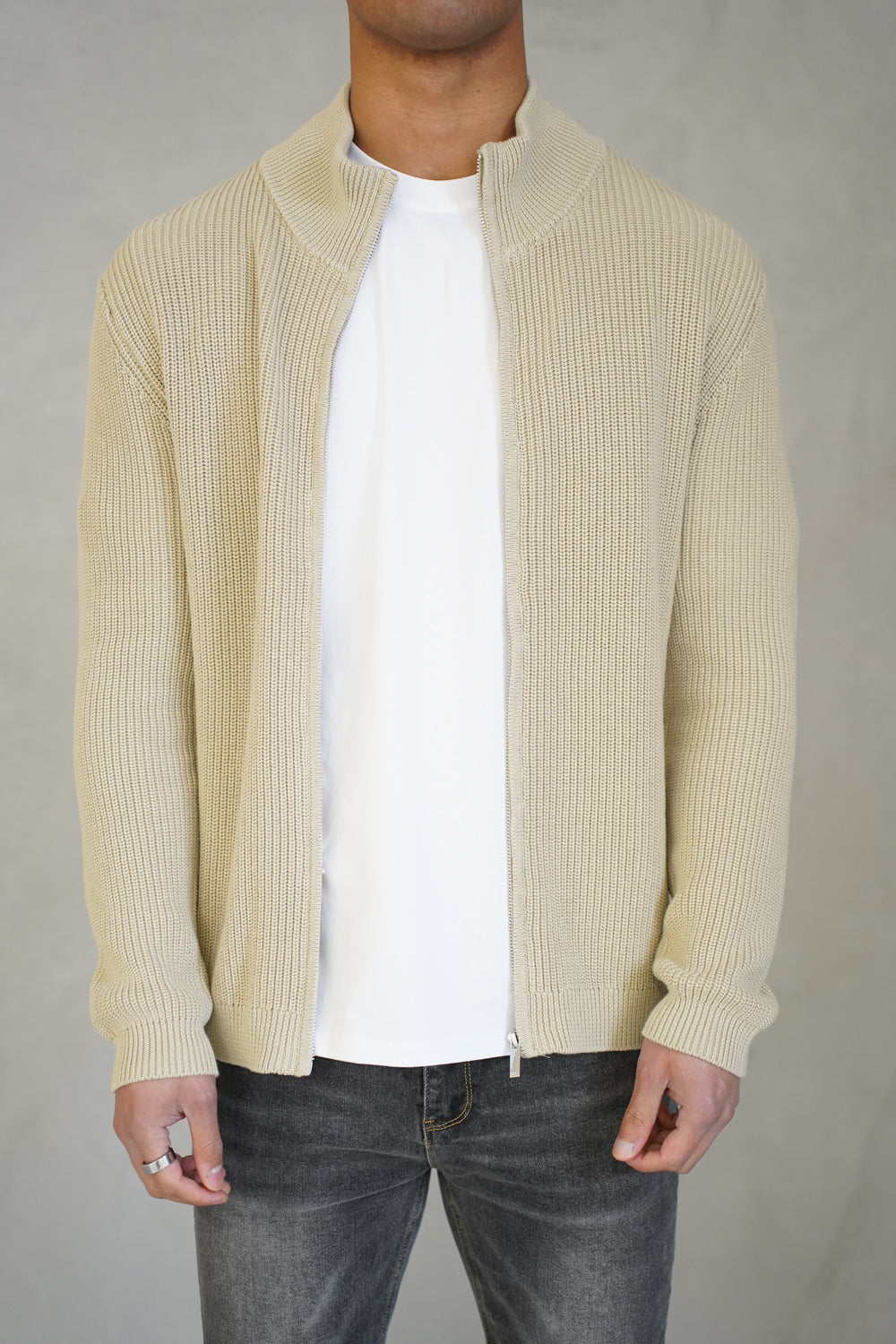 Capo Ribbed Full Zip Jumper - Stone